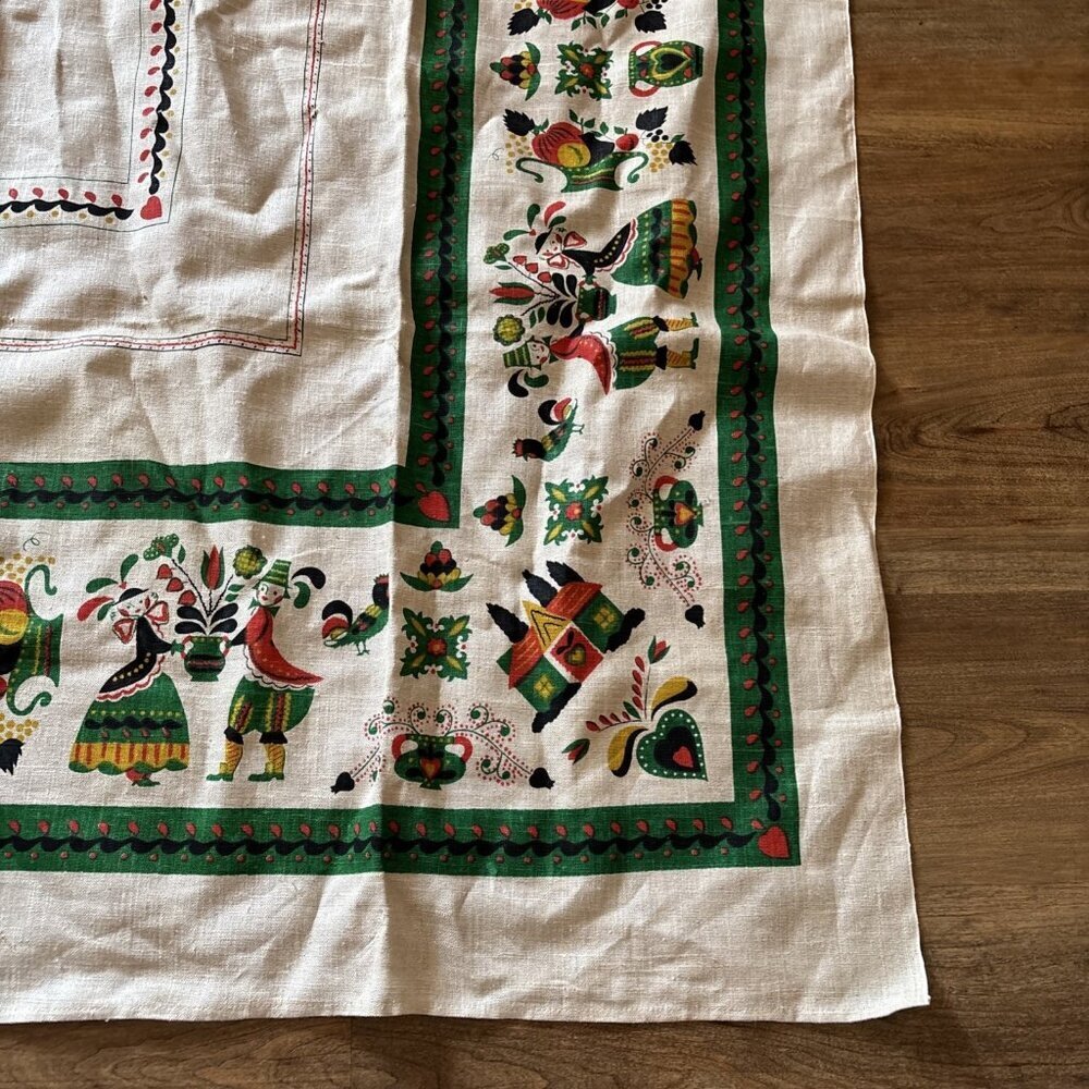 vintage pennsylvania Dutch Tablecloth Linen Size 68 X 50 Festive Green & Beige - Picture 2 of 7